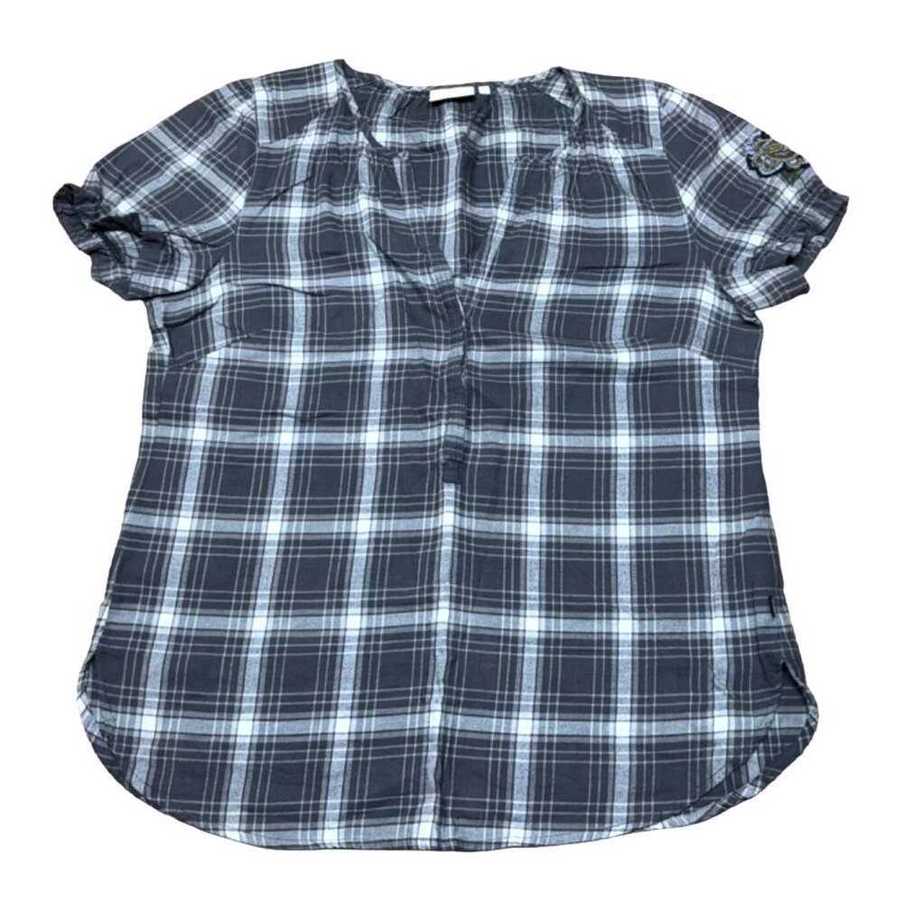Plaid Jackpot Womens Short Sleeve Blouse With Floral Embroidery Size 40